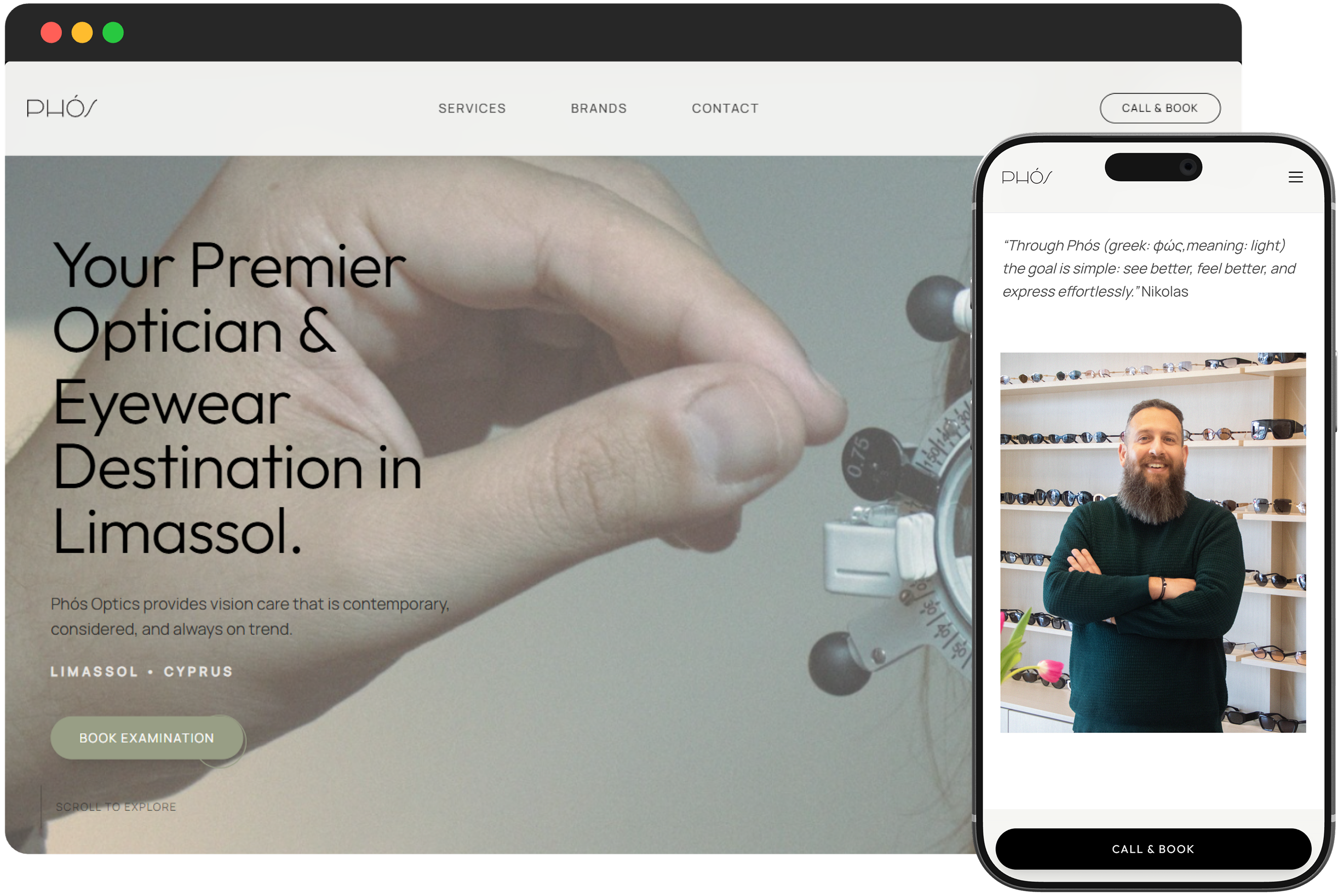 PHÓS Optics responsive website shown on desktop and mobile
