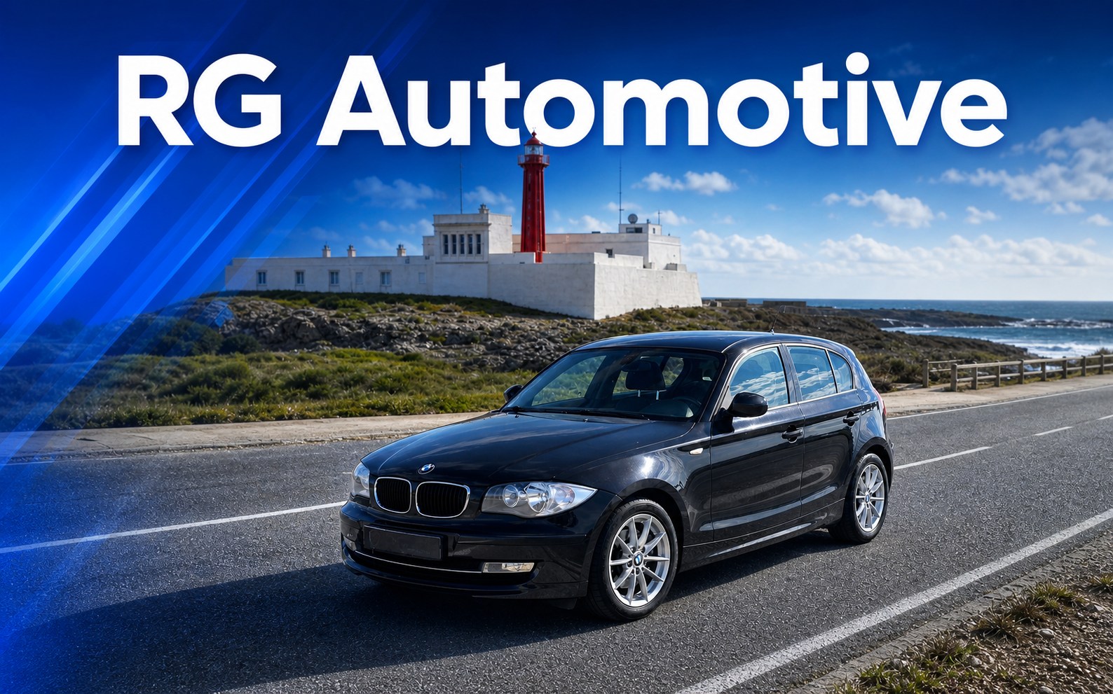 RG Automotive campaign design featuring a black BMW by a lighthouse